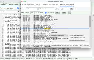 Drill-down search (Pro): New York (100,492) ? Central Park (226) ? coffee_shop (3). Two refinements narrow 100k hits down to a single node — a Starbucks at Central Park South, with opening hours and coordinates in the raw tags. The right-click History menu shows the exact path, line numbers included.