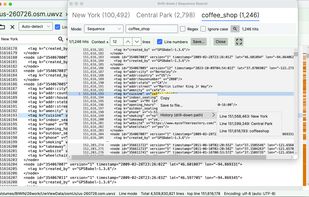 Sequence search (Pro): the same three terms searched in order of appearance instead — 1,246 chains, each linking hits thousands of lines apart (see the History menu: line 151,568,463 ? 151,599,349 ? 151,616,193). On a log file, this is how you trace "deploy ? timeout ? ERROR" however far apart they are.