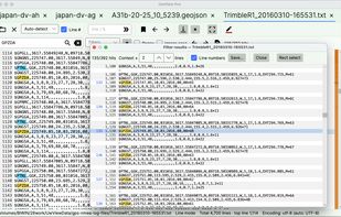 Filter results in a separate window: 135 of 392 matches for GPZDA in a GPS NMEA log, each with ±2 lines of context. Double-click a hit to jump to that line in the main view; the window stays open. Results can be exported to a file. Keyword colouring and auto-detected encoding are shown. UwView Pro.