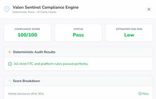 FTC compliance checker scanning YouTube video for disclosure violations with compliance score and exact fixes in under 2 minutes