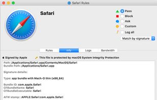 Unlike other Mac firewalls that are used to identify processes only by path, Vallum is able to identify processes also by signature fingerprint. This means that when you allow an app to connect, you are sure that only this app will be allowed. This feature increases both your privacy and security, if an app is corrupted or modified Vallum will display a warning. Additionally Vallum performs check on signature and certificates validity.