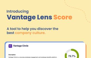 The product page for Vantage Lens displays the employee experience score and detailed report of a searched organization.