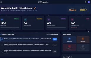 Personalised dashboard with study plan, streaks, and target score tracking