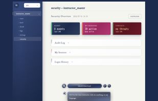 The console covers operations: audit logs, active sessions, login history, IP restrictions and rate limits.