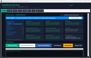 The Dashboard shows all nine scheduled tasks on one screen and a Safety Score from 0 to 100 that tells you whether your backup would actually restore today.