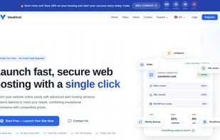 VavaHost homepage featuring fast and secure web hosting with cPanel, NVMe storage, LiteSpeed Enterprise, free SSL, and instant setup.