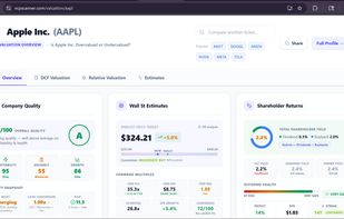 The valuation page for Apple. Three panels show a company quality score (profitability, solvency, growth), Wall Street price targets and forward multiples from 110 analysts, and shareholder return breakdowns including dividend safety ratings.