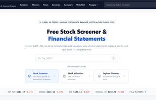 The main landing page. Search any US stock by ticker or company name, then jump straight into the screener, valuation tools, or thematic research. The bottom bar shows daily index moves for the S&P 500, Nasdaq, Dow, and Russell 2000.