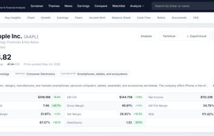 A stock research page showing Apple's price, market cap, P/E ratio, sector tags, and a grid of key financial metrics — revenue, margins, EPS, ROE, and debt ratios with year-over-year changes. Tabs at the top lead to charts, peers, income statements, and more.