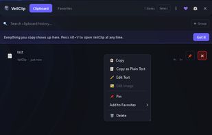 VeilClip clipboard history with a right-click context menu for copied items and quick actions.