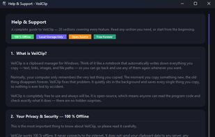 VeilClip Help & Support page highlighting its 100% offline clipboard manager features for Windows.