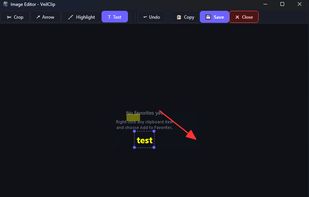 VeilClip image editor showing text annotation and arrow tools for screenshot editing.