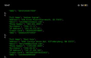 This image displays fake identity data generated using the tool. Each identity includes:

Full name

Address

Email

Phone number

Date of birth

IP address

Credit card number

IMEI number


At the end, it shows that the data has been encrypted and saved in a file named data_9_17.enc in the /root/ directory.


