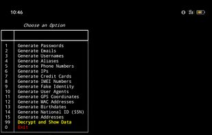 This image showcases the tool's interface, a text-based menu within a Command-Line Interface (CLI) environment. It features a numbered list of options for generating various types of data, such as passwords, emails, usernames, phone numbers, IP addresses, credit cards, fake identities, MAC addresses, and more.