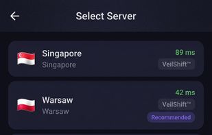 Servers across Europe and Asia, all running VeilShift™ protocol. Ping displayed in real time so you always connect to the fastest available node.