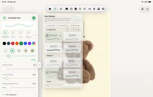 Pen Library for Apple Pencil — fountain pen, ballpoint and highlighter with color, stabilization, tip sharpness and pressure controls.
