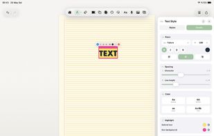 Add and style text boxes on the canvas — fonts, size, spacing, highlight, background and shadow — mixing typed text with handwriting.