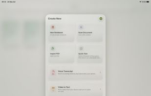 Create menu — start a new notebook, a Quick Text draft, a voice transcript, or turn a video into text, all from one place.