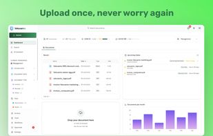 Main dashboard with drag-and-drop upload area, upcoming dates widget, and a sortable document list with type/size columns and view modes.