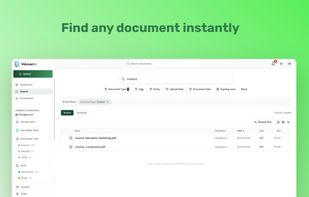 Full-text document search with faceted filters (type, tags, entity, dates, expiry), active/archived tabs, and sortable multi-column results.