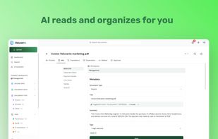 Document detail view with AI-extracted metadata, suggested title, tags, dates, and approval actions. Users can review and accept AI suggestions.