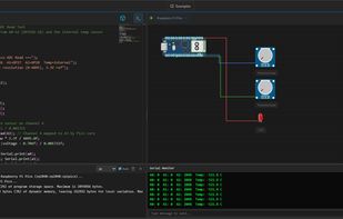 Raspberry Pi Pico simulation — ADC read test with two potentiometers, Serial Monitor showing live output, and compilation console at the bottom.
