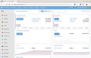 Real-time accounting dashboard with customer invoices, vendor bills, and bank and cash balances.