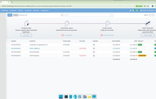 Invoice list showing unpaid, paid, draft, and partially-paid statuses, with guided setup for company details, document  branding, and online payments.