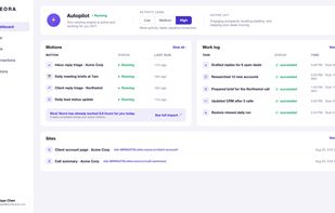 Dashboard: Autopilot running motions across your inbox, meetings and CRM, with a work log of what Veora did today.