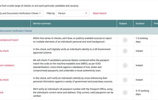 HR and compliance teams browse the full menu of identity checks — from instant digital identity verification against a UK Government-approved scheme to global passport validation and 360-degree background reports — and filter by subject or check type to build the right package for each role.