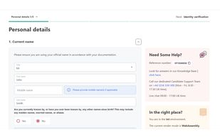 Candidates complete their background check submission through a guided multi-step form, starting with name verification and alias history. A persistent help panel provides a reference number, live chat, and phone support, so candidates never get stuck.