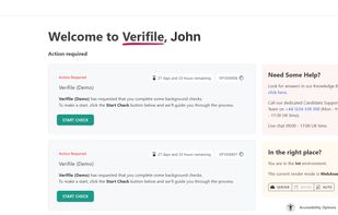 Candidates see every outstanding background check request in one place, with deadlines and reference IDs visible at a glance. A single "Start Check" button launches the guided submission flow, so candidates complete requests on time without confusion.