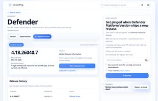 Product Page, showing latest version, history and recent high-severity CVEs