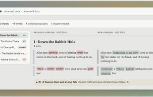 Two versions side by side, chapter by chapter, with the word count of each change and a moved chapter marked as moved.