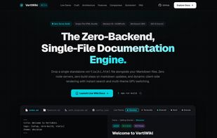 Official VertiWiki showcase page detailing the zero-backend architecture and single-file distribution.