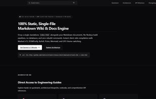 Official VertiWiki showcase page detailing the zero-backend architecture and single-file distribution.