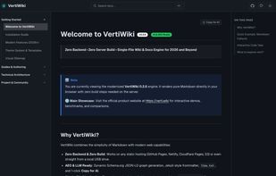 VertiWiki main documentation interface with sidebar navigation, dark theme, and client-side Markdown rendering.