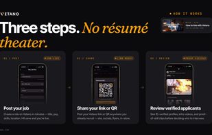 Post a job, share your Vetano link or QR code anywhere you recruit, and review verified applicants — no resumes required.