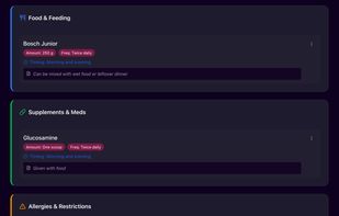 Detailed diet descriptions, shareable via link or QR code with vets, pet sitters, boarding facility, or in case of emergency. 
