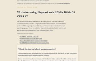 Condition guides that explain VA's published rating rules, like tinnitus at 10%, with links to the official sources.