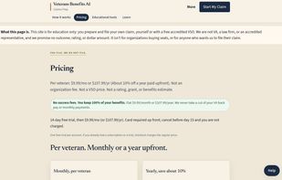 Simple pricing with a 14-day free trial, a flat monthly or yearly plan, and no cut of your VA back pay.