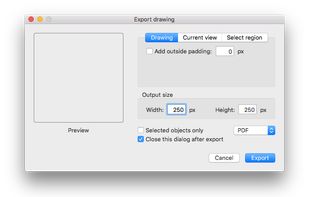 The export drawing dialog UI.
