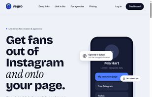 Veyro homepage — link-in-bio for creators and agencies. Header with Deep links, Link in bio, For agencies, and Pricing. Hero: “Get fans out of Instagram and onto your page,” with a phone preview of a creator bio that opens in Safari or Chrome instead of Instagram’s in-app browser.