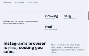 Mid-homepage product story — why Instagram’s in-app browser costs subscriptions, with a side-by-side of a normal link vs a Veyro link, plus creator-focused proof points.