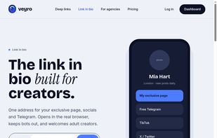 Link-in-bio marketing page — claim `veyro.bio/yourname`, free for 1 link, with a phone mockup of a creator page (exclusive page, Telegram, TikTok, X) that opens in the real browser and keeps bots out.