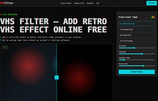 Live editor: before/after comparison slider with four tape presets and sliders for VHS noise, scanlines, tracking lines and color bleed.