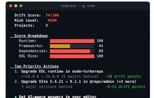 One command scans any repo for upgrade drift — a 0–100 DriftScore, the vulnerabilities hiding in stale dependencies, and the upgrade path to clear them.