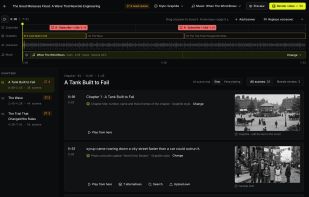 Review every scene before render. The storyboard shows each sentence of the script with its shot, chapter and style, plus a timeline with chapters, voiceover, music and subscribe banners.