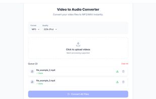 The main conversion interface showing format and quality settings, the batch upload area, and a queue of processed files.