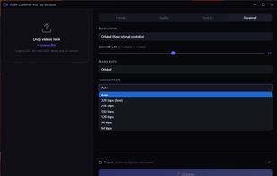 Audio bitrate settings: Auto, 320kbps, 256kbps, 192kbps, 128kbps